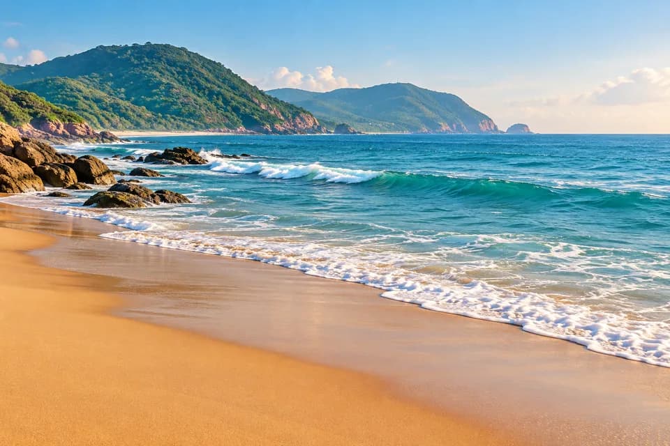 Illustrative sandy beach and green coastal headland
