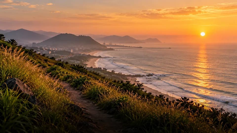 Illustrative sunrise over Vizag's coast from a hillside trail