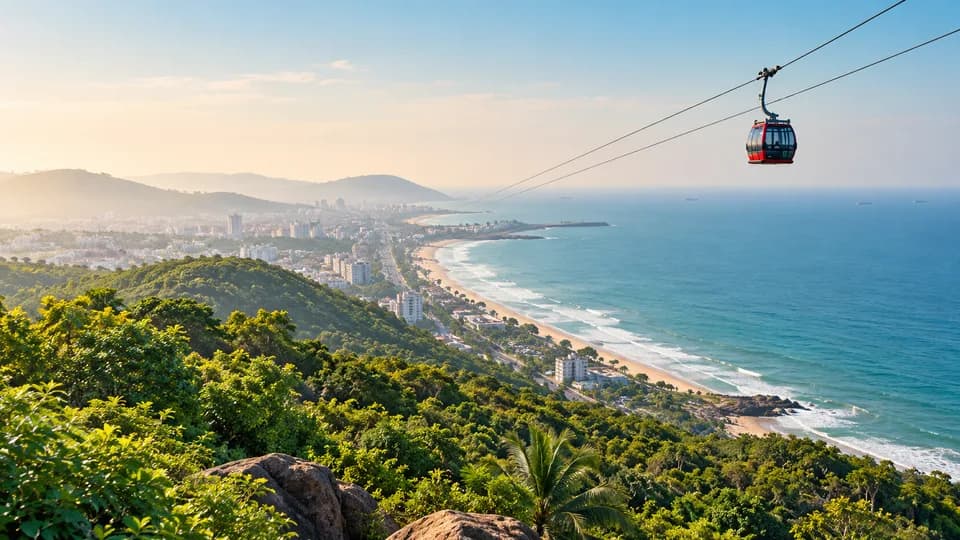 Illustrative green coastal hill overlooking the city